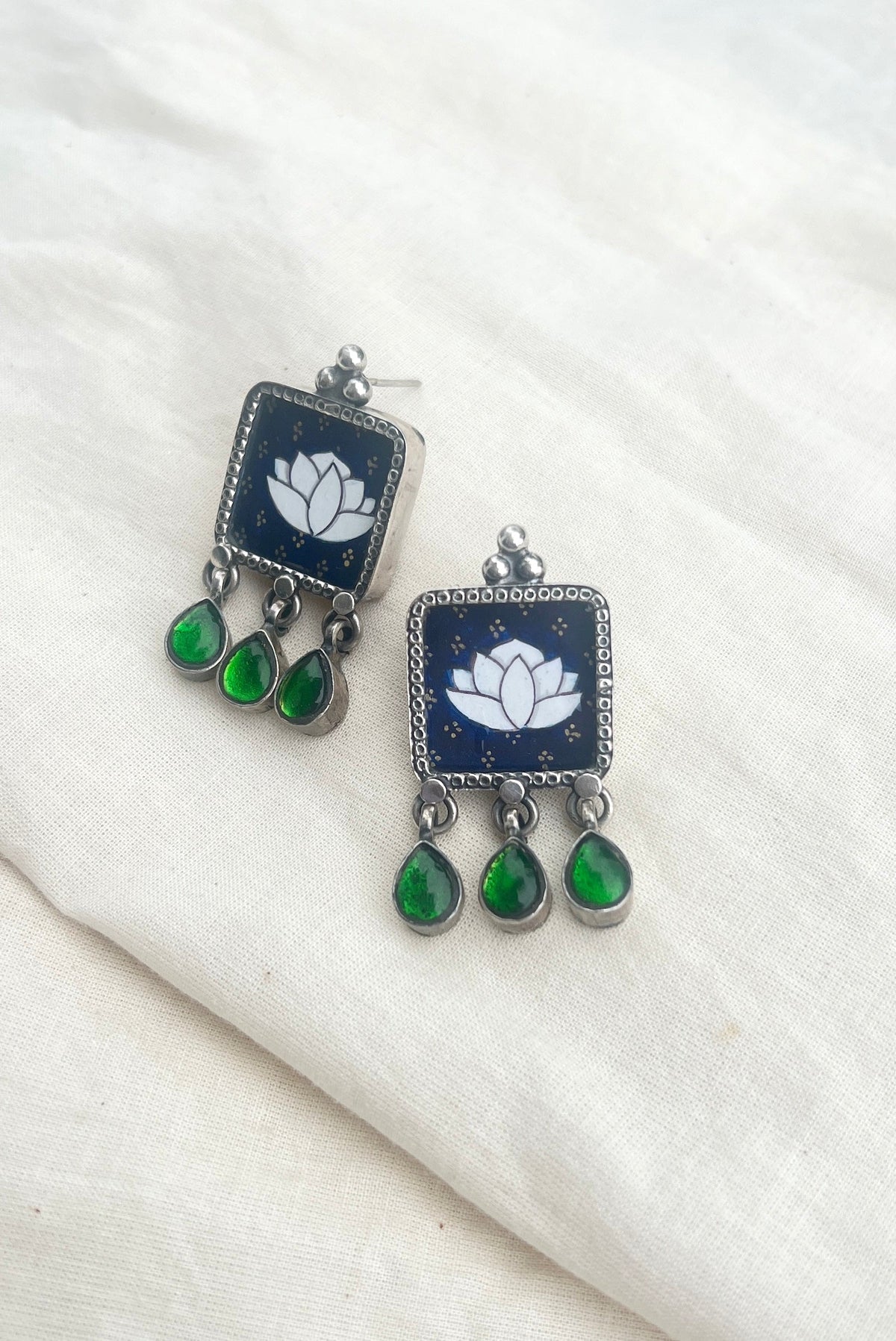 White lotus in black square with 3 green drops-Silver earrings-EZ-House of Taamara