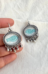 White oval with blue bird-Silver earrings-EZ-House of Taamara