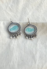 White oval with blue bird-Silver earrings-EZ-House of Taamara