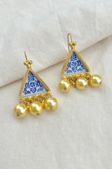 White triangle with blue florals and gold pearls-Silver earrings-EZ-House of Taamara