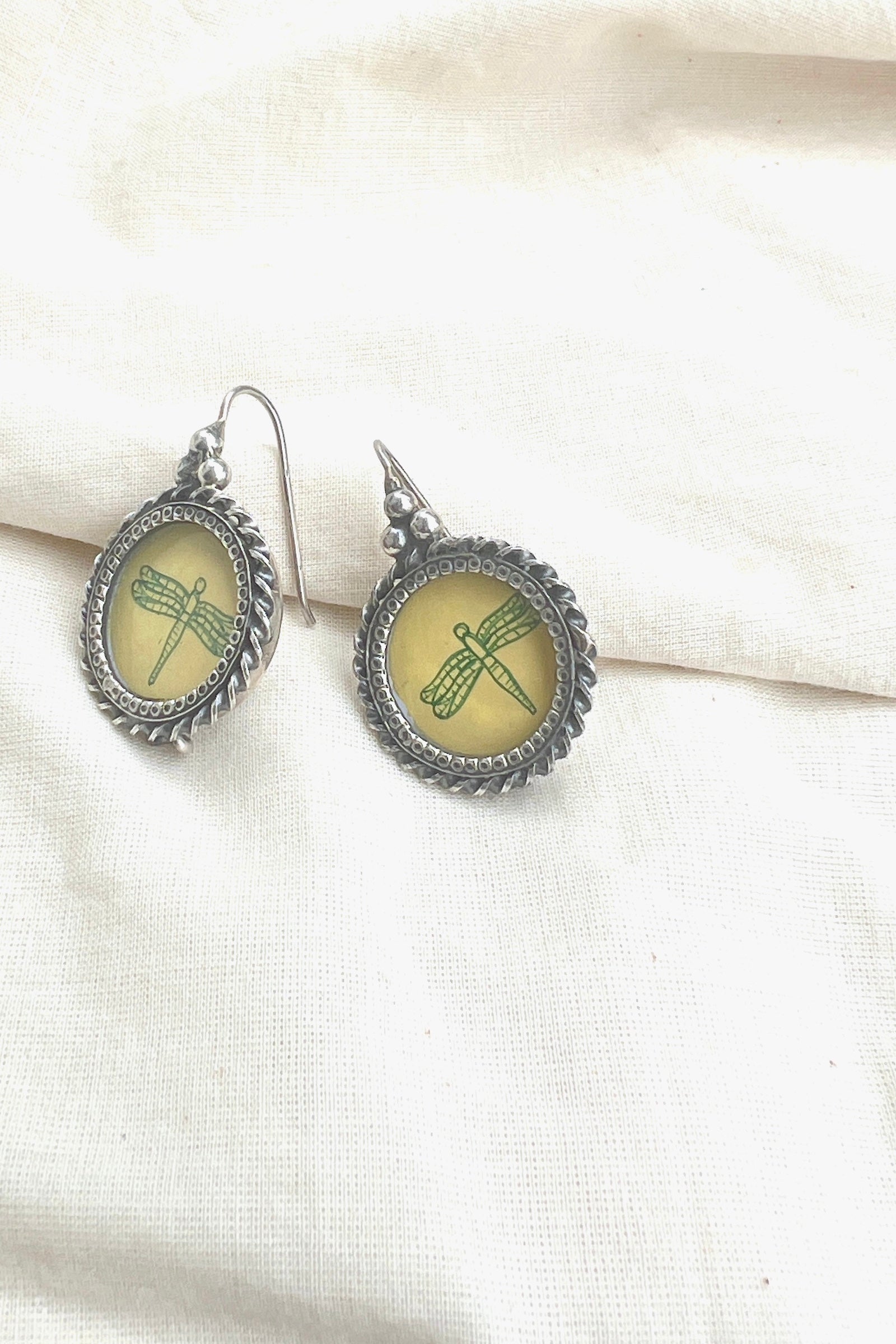 Yellow circle with dragonfly-Silver earrings-EZ-House of Taamara