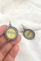 Yellow circle with dragonfly-Silver earrings-EZ-House of Taamara