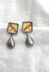 Yellow dragonfly stud with silver drop-Silver earrings-EZ-House of Taamara