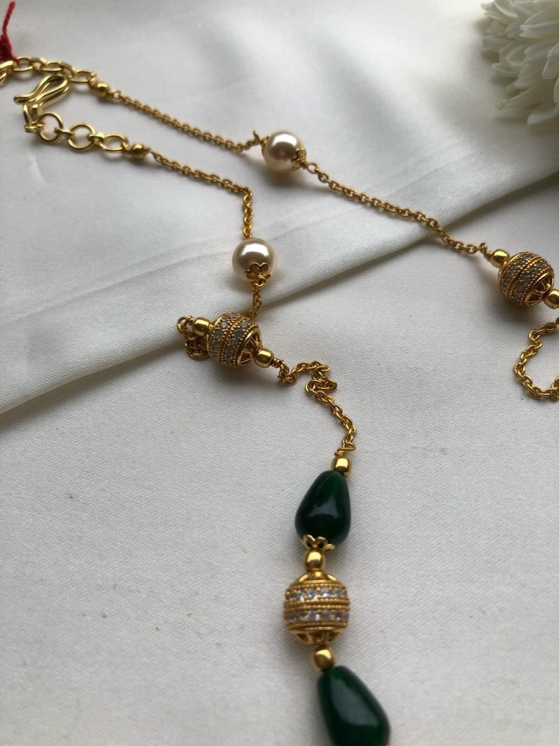 Zircon beads & green beads with pearls chain-Silver Neckpiece-PL-House of Taamara