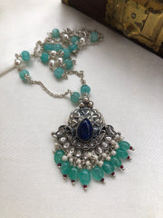 Zircon & lapis pendant with pearls & blue pumpkin beads chain-Silver Neckpiece-PL-House of Taamara