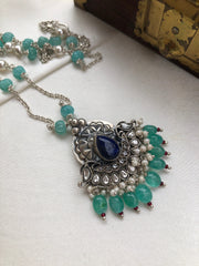 Zircon & lapis pendant with pearls & blue pumpkin beads chain-Silver Neckpiece-PL-House of Taamara