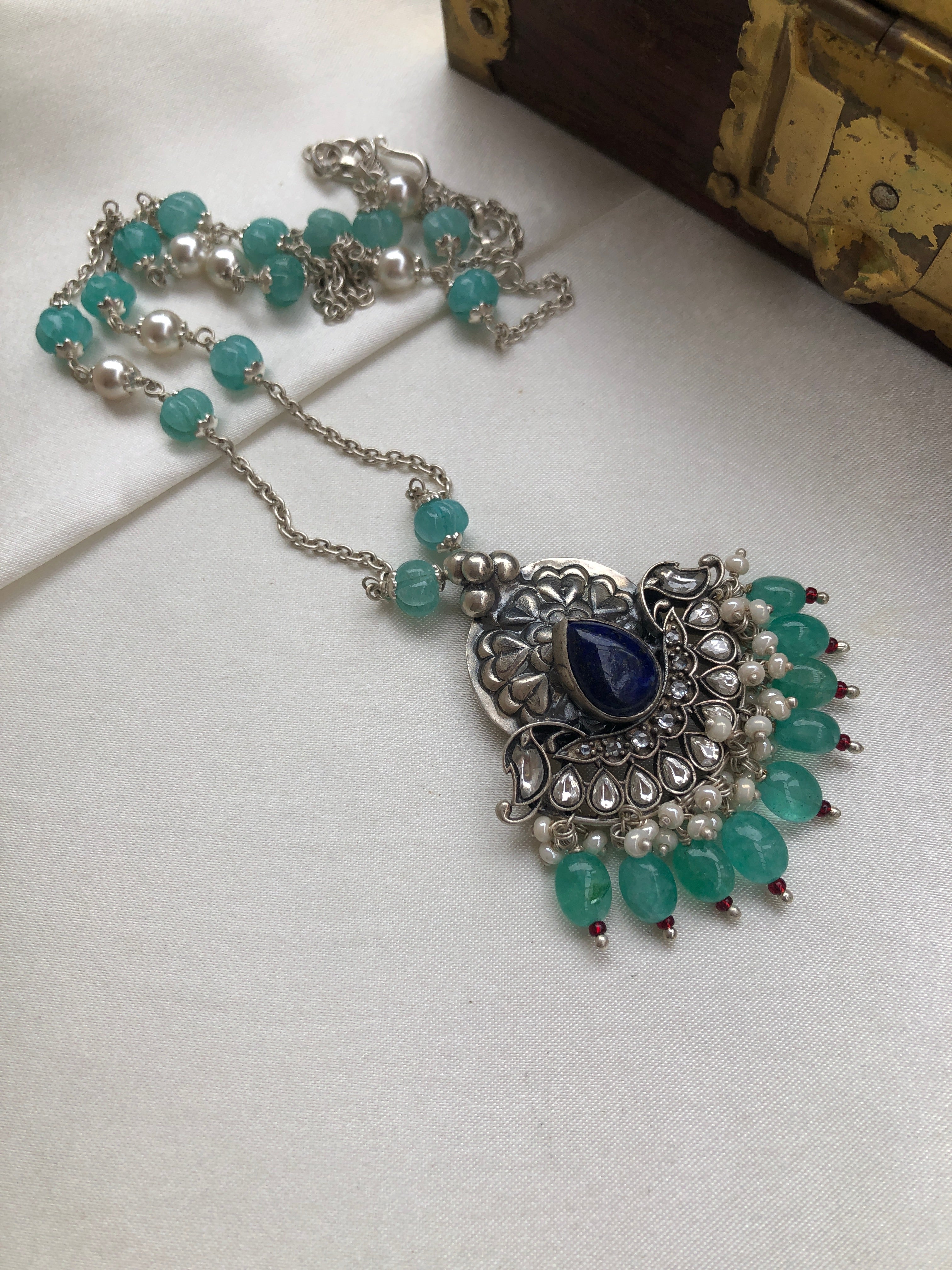 Zircon & lapis pendant with pearls & blue pumpkin beads chain-Silver Neckpiece-PL-House of Taamara