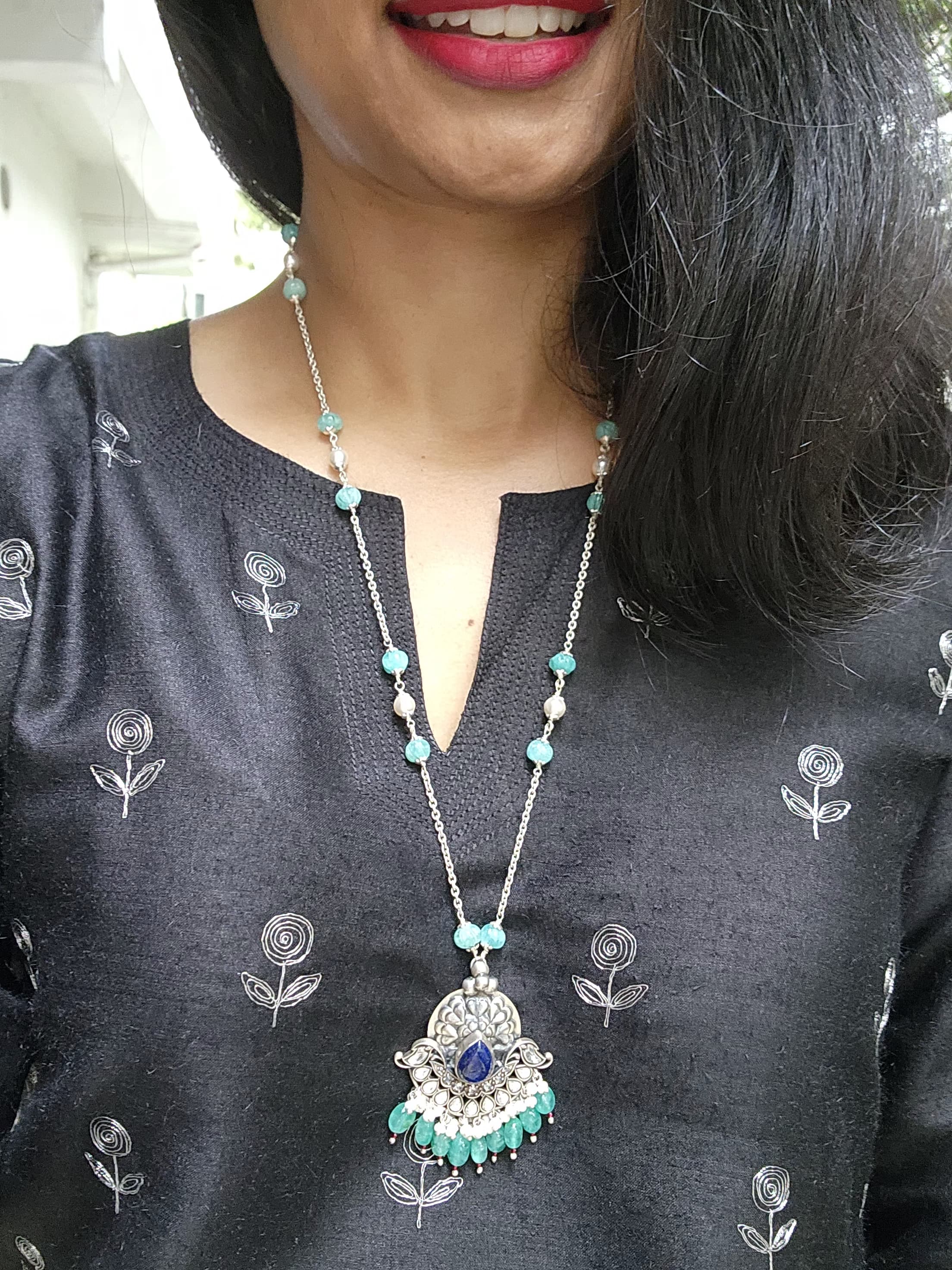 Zircon & lapis pendant with pearls & blue pumpkin beads chain-Silver Neckpiece-PL-House of Taamara