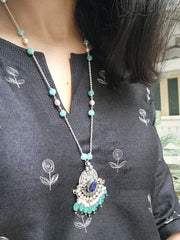 Zircon & lapis pendant with pearls & blue pumpkin beads chain-Silver Neckpiece-PL-House of Taamara