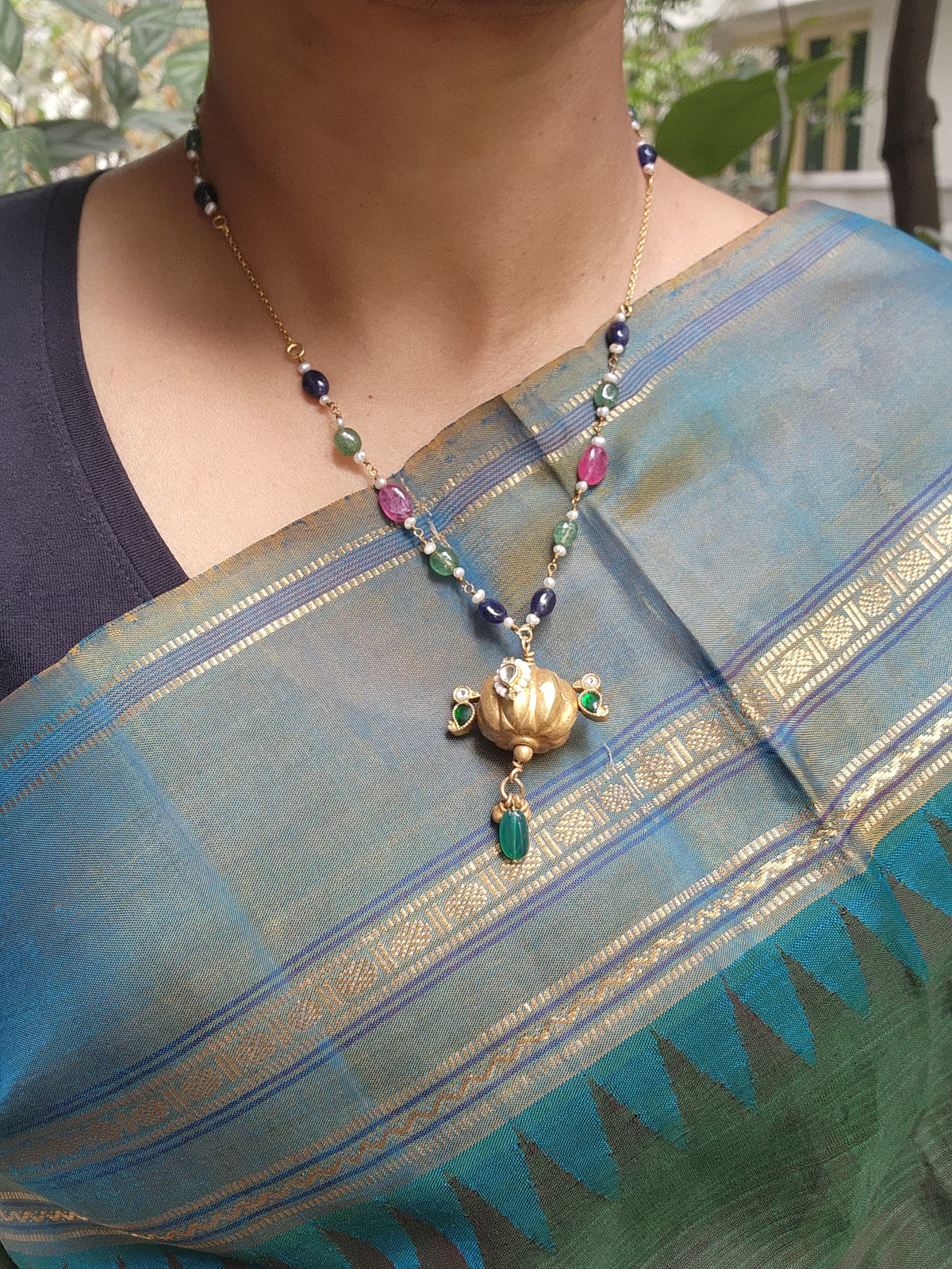 Antique style pendant with Ruby, green, blue & pearls chain