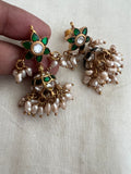Antique gold polish kundan & emerald jhumkas with pearls (MADE TO ORDER)-Earrings-CI-House of Taamara