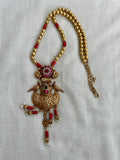 Antique gold polish kundan, ruby & emerald pendant with coral and beads chain-Silver Neckpiece-CI-House of Taamara