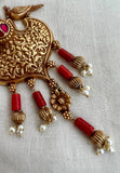 Antique gold polish kundan, ruby & emerald pendant with coral and beads chain-Silver Neckpiece-CI-House of Taamara