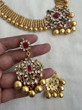 Antique gold polish set with kundan, ruby & emerald pendant with gold beads-Silver Neckpiece-CI-House of Taamara
