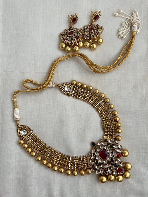 Antique gold polish set with kundan, ruby & emerald pendant with gold beads-Silver Neckpiece-CI-House of Taamara