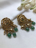 Antique style earrings with kundan and pearls and green Onyx beads-Earrings-PL-House of Taamara