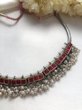 Dual tone antique ruby kundan with pearls bunch necklace (Made to order)-Silver Neckpiece-PL-House of Taamara