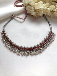 Dual tone antique ruby kundan with pearls bunch necklace (Made to order)-Silver Neckpiece-PL-House of Taamara