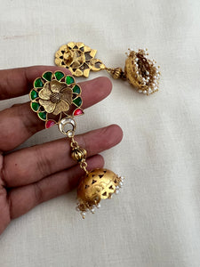 Gold polish emerald flower jhumkas-Earrings-CI-House of Taamara
