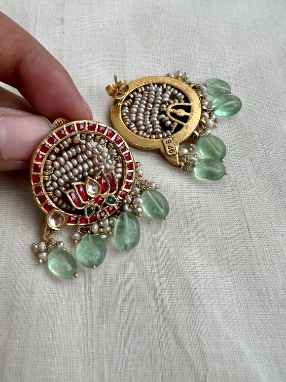 Gold polish kundan & lotus earrings with ruby and pearls (Made to Order)-Earrings-CI-House of Taamara