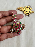 Gold polish kundan, ruby & emerald earrings with antique pearls-Earrings-CI-House of Taamara