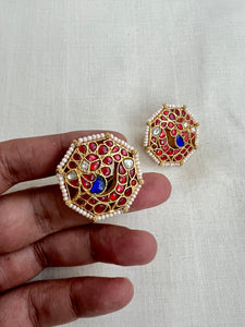 Gold polish kundan & ruby peacock studs with pearls-Earrings-CI-House of Taamara
