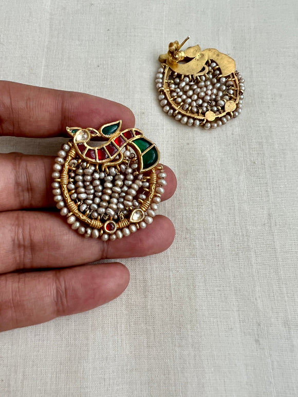 Gold polish peacock studs with pearls (MADE TO ORDER)-Earrings-CI-House of Taamara