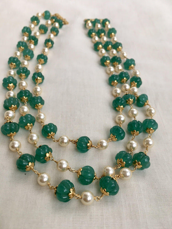 Green carved stone and pearl step necklace (Made to Order)-Silver Neckpiece-CI-House of Taamara