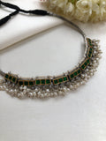 Green kundan gold polish with gutta pusalu chain & pearls bunch (Made to order)-Silver Neckpiece-PL-House of Taamara