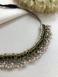 Green kundan gold polish with gutta pusalu chain & pearls bunch (Made to order)-Silver Neckpiece-PL-House of Taamara