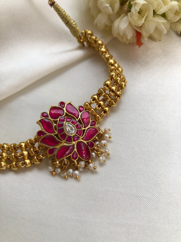 Kundan Lotus with gold polish bead choker (MADE TO ORDER)-Silver Neckpiece-PL-House of Taamara