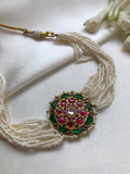 Kundan and ruby with pearls bunch choker-Silver Neckpiece-PL-House of Taamara