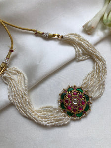 Kundan and ruby with pearls bunch choker-Silver Neckpiece-PL-House of Taamara