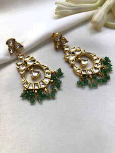 Kundan earrings long with Green beads-Earrings-PL-House of Taamara