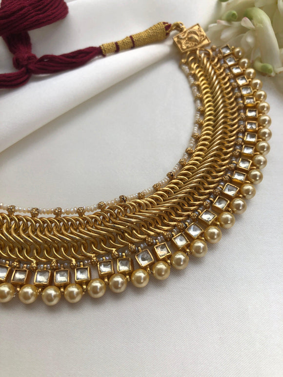 Kundan necklace with pearls-Silver Neckpiece-PL-House of Taamara