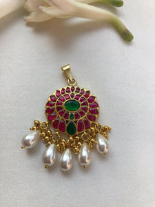 Kundan round ruby and green pendant With big pearl drops-Silver Neckpiece-PL-House of Taamara