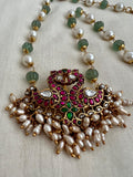 Kundan, ruby & emerald pendant chain with pearls & pumpkin jade beads (MADE TO ORDER)-Silver Neckpiece-CI-House of Taamara