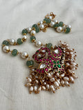 Kundan, ruby & emerald pendant chain with pearls & pumpkin jade beads (MADE TO ORDER)-Silver Neckpiece-CI-House of Taamara