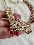 Kundan & ruby stones necklace with pearl bunch & corals-Silver Neckpiece-CI-House of Taamara