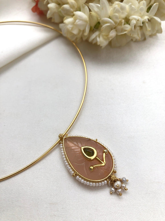 Rose quartz stone with kundan & pearls, gold polish hasli-Silver Neckpiece-PL-House of Taamara