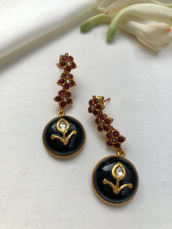 Ruby flower with grey agate inaly kundan earrings-Earrings-PL-House of Taamara