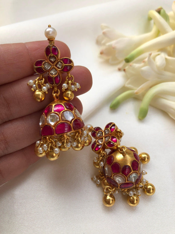 Ruby kundan with pearls antique style gold polish jhumkas-Earrings-PL-House of Taamara