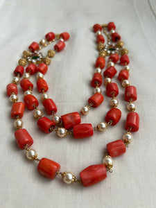 Three layer step necklace with corals & pearls (Made to order)-Silver Neckpiece-CI-House of Taamara